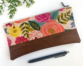 Floral Notions Bag - Cork Bag - Cosmetic Pouch - Rifle Paper Pouch - Knitting Needle Bag - Canvas Pouch - Vegan Leather Pouch - Project Bag