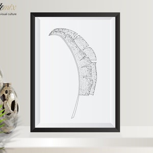Bananenblatt, Wandkunst, Wand-Dekor, Grußkarte, Geschenk, schwarz-weiß-Kunst, leere Karte, Moden-Kunst, tropisches Blatt, digitale Illustration.