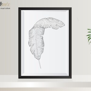 Bananenblatt, Wandkunst, Wanddekor, Grußkarte, Geschenk, Schwarz-Weiß-Kunst, leere Karte, moderne Kunst, tropisches Blatt, digitale Illustration.