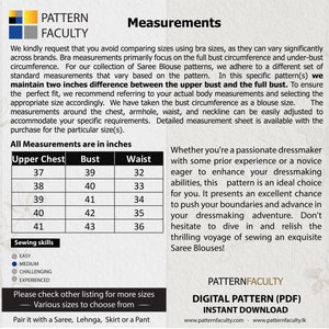 May include: A chart with measurements for a Saree Blouse pattern in inches. The chart includes measurements for upper chest, bust, and waist. The text states that the pattern is an ideal choice for dressmakers of all skill levels.