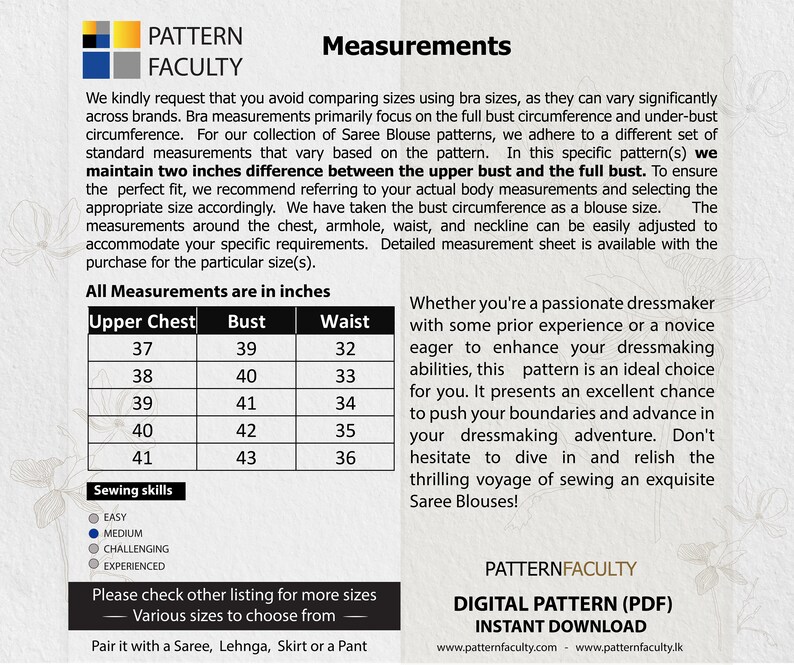 May include: A chart with measurements for a Saree Blouse pattern in inches. The chart includes measurements for upper chest, bust, and waist. The text states that the pattern is an ideal choice for dressmakers of all skill levels.