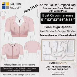 May include: A digital sewing pattern for a saree blouse or cropped top with a princess line, midriff yoke, and two neckline options. The pattern includes five sizes: 51", 52", 53", 54", and 55". The pattern is available as an instant download.
