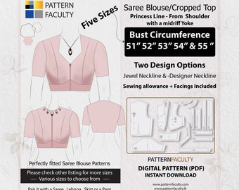 Saree Blouse High Neckline – Princess Line from Shoulder with Yoke – One Design with two options – Five Sizes 51 – 55 – DIGITAL PATTERN.