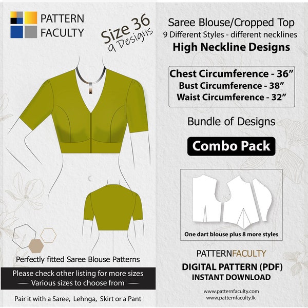 Saree Blouses, Crop Top,High Neckline, PDF Patterns, Size 36, Digital PDF Patterns, 9 Designs, Best Fitted Top,