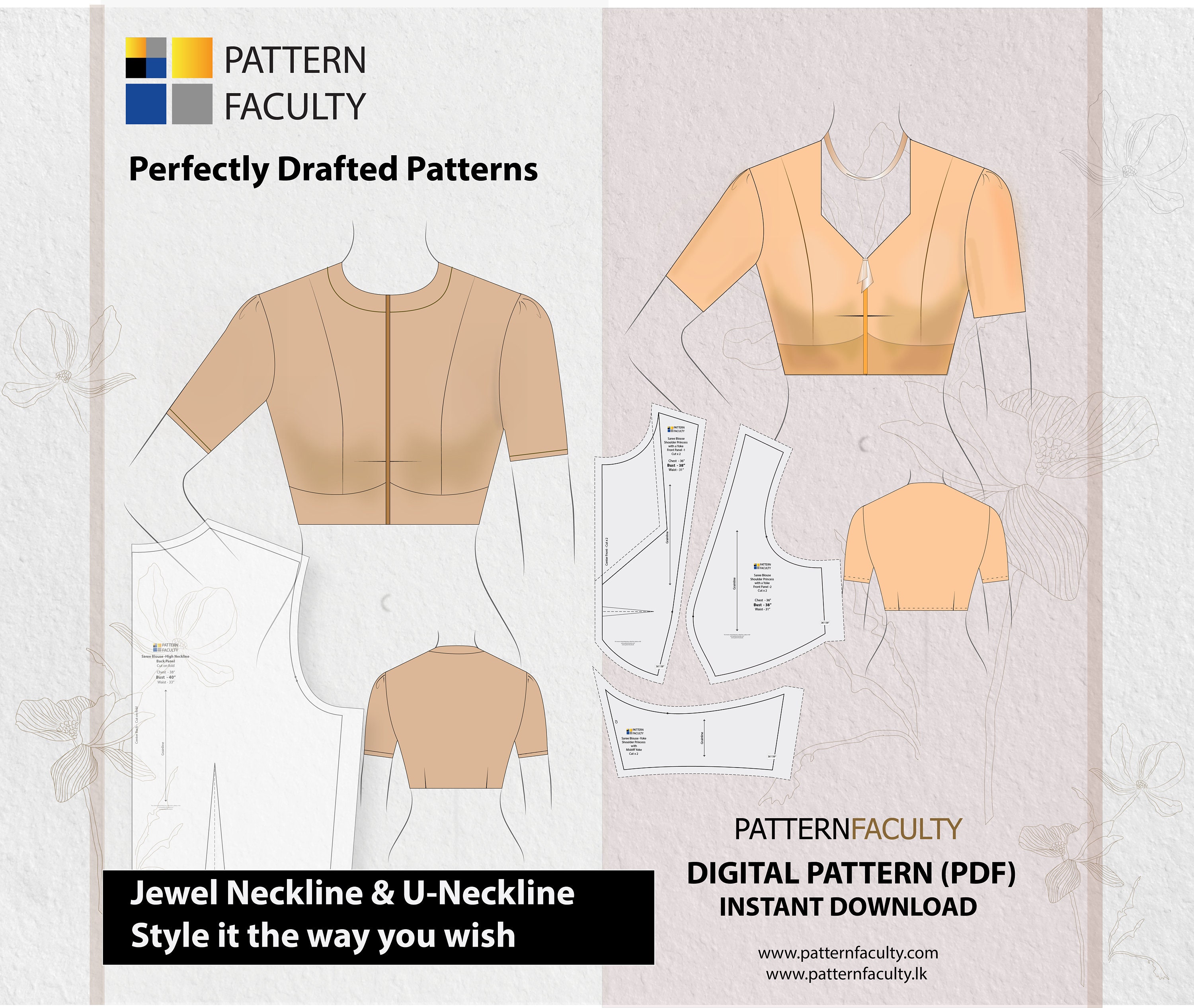 Saree Blouse High Neckline – Princess Line From Shoulder With Yoke – One  Design With Two Options – Five Sizes 39-43 – DIGITAL PATTERN. - Etsy, image size:3000x2532