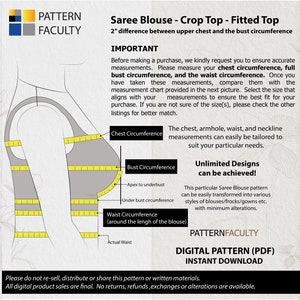 May include: A digital sewing pattern for a saree blouse, crop top, or fitted top. The pattern includes instructions for measuring chest, bust, and waist circumference. The text on the pattern reads "Saree Blouse - Crop Top - Fitted Top 2" difference between upper chest and the bust circumference" and "Unlimited Designs can be achieved!"