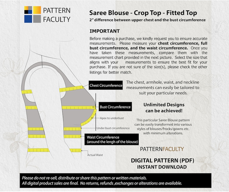 May include: A digital sewing pattern for a saree blouse, crop top, or fitted top. The pattern includes instructions for measuring chest, bust, and waist circumference. The text on the pattern reads "Saree Blouse - Crop Top - Fitted Top 2" difference between upper chest and the bust circumference" and "Unlimited Designs can be achieved!"