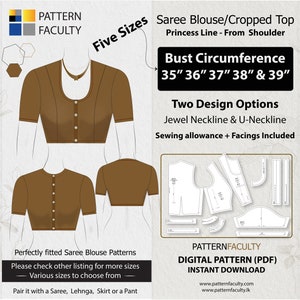 Saree Blouse High Neckline–Princess Line Shoulder-One Design with two options–sizes Bust circumference 35, 36, 37, 38, 39 –DIGITAL PATTERN.