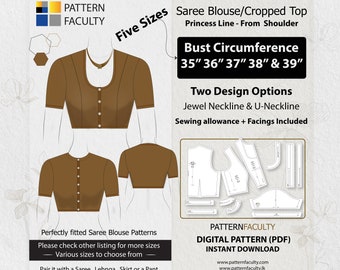 Saree Blouse High Neckline–Princess Line Shoulder-One Design with two options–sizes Bust circumference 35, 36, 37, 38, 39 –DIGITAL PATTERN.
