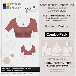 Saree Blouses – Round Deep Neckline, PDF Patterns for bust size 46, Digital PDF Patterns, 9 Designs, Best Fitted Saree Blouse, Sari blouse.
