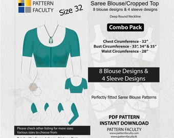 Saree Blouses - PDF, Crop Tops, Fitted Tops,  Deep Neckline,  Size 32, Digital PDF Patterns, 8 Blouse Designs + 4 Sleeve Designs.