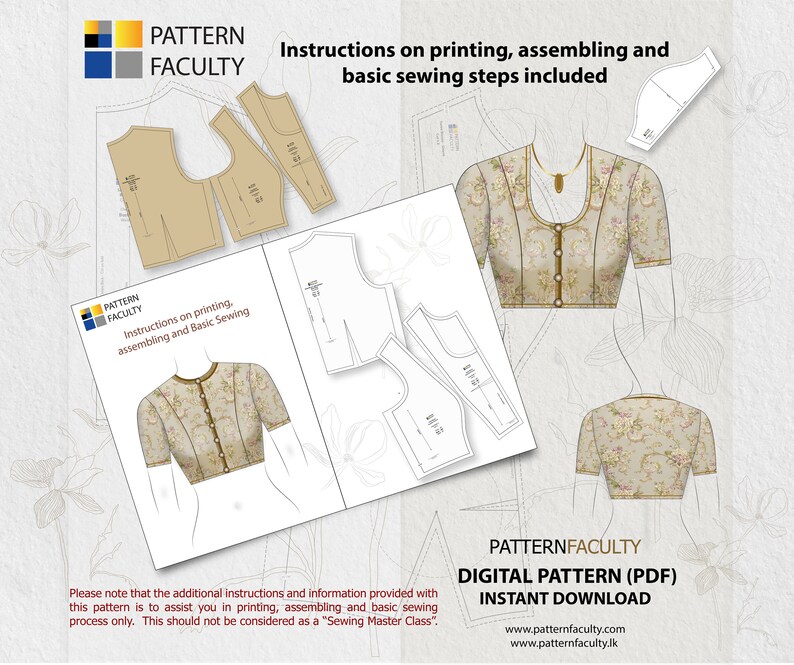 May include: A digital sewing pattern for a blouse with short sleeves. The pattern includes instructions on printing, assembling, and basic sewing steps. The pattern is available for instant download.