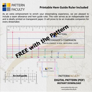 May include: A printable hem guide ruler included with a digital sewing pattern. The ruler is printed on transparent paper and features a seam allowance and hem measuring guide. The pattern is for a dressmaker's companion and is available for instant download.