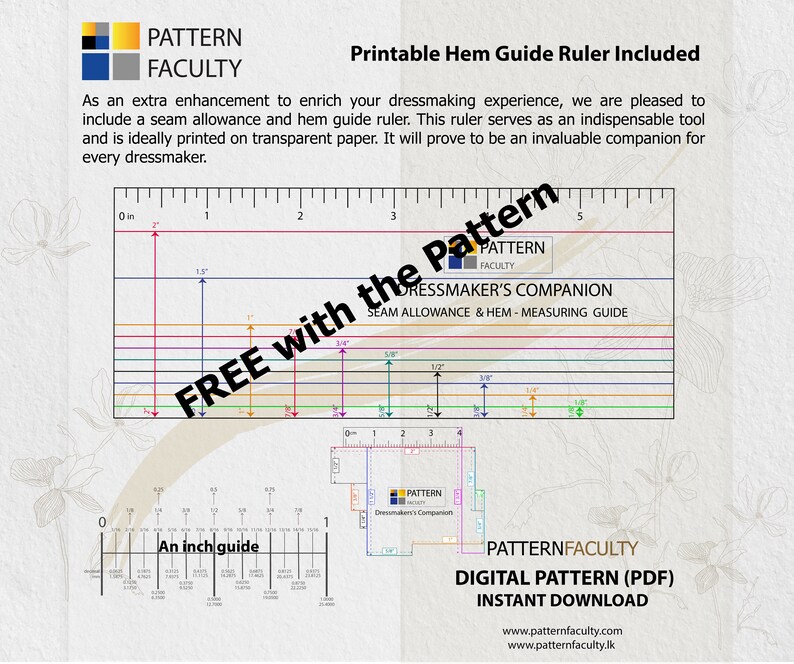 May include: A printable hem guide ruler included with a digital sewing pattern. The ruler is printed on transparent paper and features a seam allowance and hem measuring guide. The pattern is for a dressmaker's companion and is available for instant download.