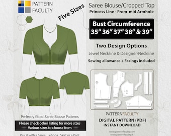 Saree Blouse High Neckline – Princess Line from mid armhole – One Design with two options – Five Sizes 35 - 39 – DIGITAL PATTERN.
