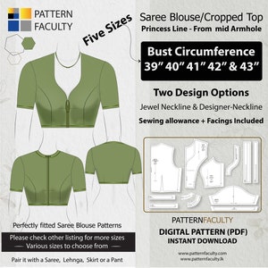 Saree Blouse High Neckline – Princess Line from mid armhole – One Design with two options – Five Sizes 39 - 43 – DIGITAL PATTERN.