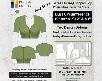 Saree Blouse High Neckline – Princess Line from mid armhole – One Design with two options – Five Sizes 39 - 43 – DIGITAL PATTERN.