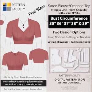 Saree Blouse High Neckline – Princess Line from Shoulder with Yoke – One Design with two options – Five Sizes 35- 39 – DIGITAL PATTERN.