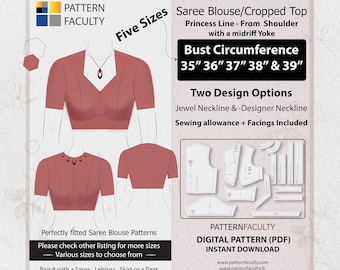Saree Blouse High Neckline – Princess Line from Shoulder with Yoke – One Design with two options – Five Sizes 35- 39 – DIGITAL PATTERN.