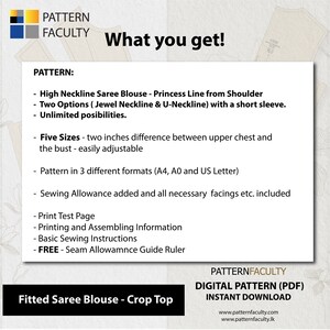 May include: A digital pattern for a fitted saree blouse with a crop top. The pattern includes five sizes, two neckline options, and a seam allowance guide ruler. The pattern is available for instant download in three formats: A4, A0, and US Letter.