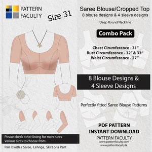 Peut inclure: Un patron de téléchargement numérique pour un chemisier de sari ou un haut court. Le patron comprend 8 modèles de chemisiers et 4 modèles de manches. Le patron est pour la taille 31 et a un col rond profond. Le patron est disponible en pack combiné avec une circonférence de poitrine de 31 pouces, une circonférence de buste de 32 et 33 pouces, et une circonférence de taille de 27 pouces. Le patron est disponible en téléchargement instantané sur Pattern Faculty.