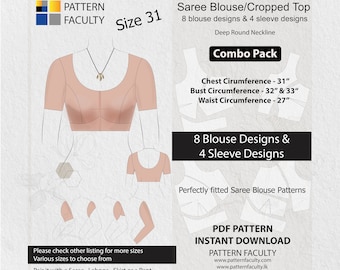 Saree Blouses - PDF, Crop Tops, Fitted Tops,  Deep Neckline,  Size 31, Digital PDF Patterns, 8 Blouse Designs + 4 Sleeve Designs.