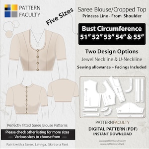 Saree Blouse High Neckline–Princess Line Shoulder–One Design with two options-Sizes Bust circumference 51,52, 53,54 and 55–DIGITAL PATTERN.