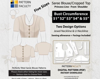 Saree Blouse High Neckline–Princess Line Shoulder–One Design with two options-Sizes Bust circumference 51,52, 53,54 and 55–DIGITAL PATTERN.