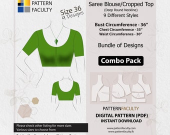 Saree Blouses – Round Deep Neckline, PDF Patterns for size 36 (Bust Circumference 36”), Digital PDF Patterns, 9 Designs, Best Fitted blouses