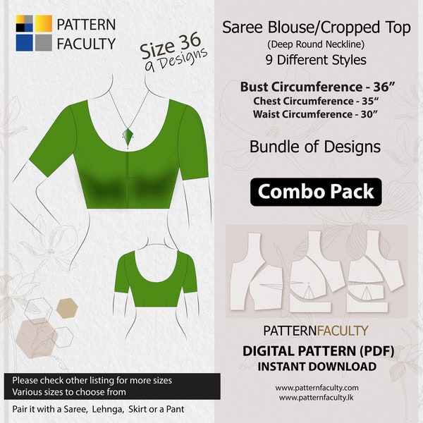 Saree Blouses – Round Deep Neckline, PDF Patterns for size 36 (Bust Circumference 36”), Digital PDF Patterns, 9 Designs, Best Fitted blouses