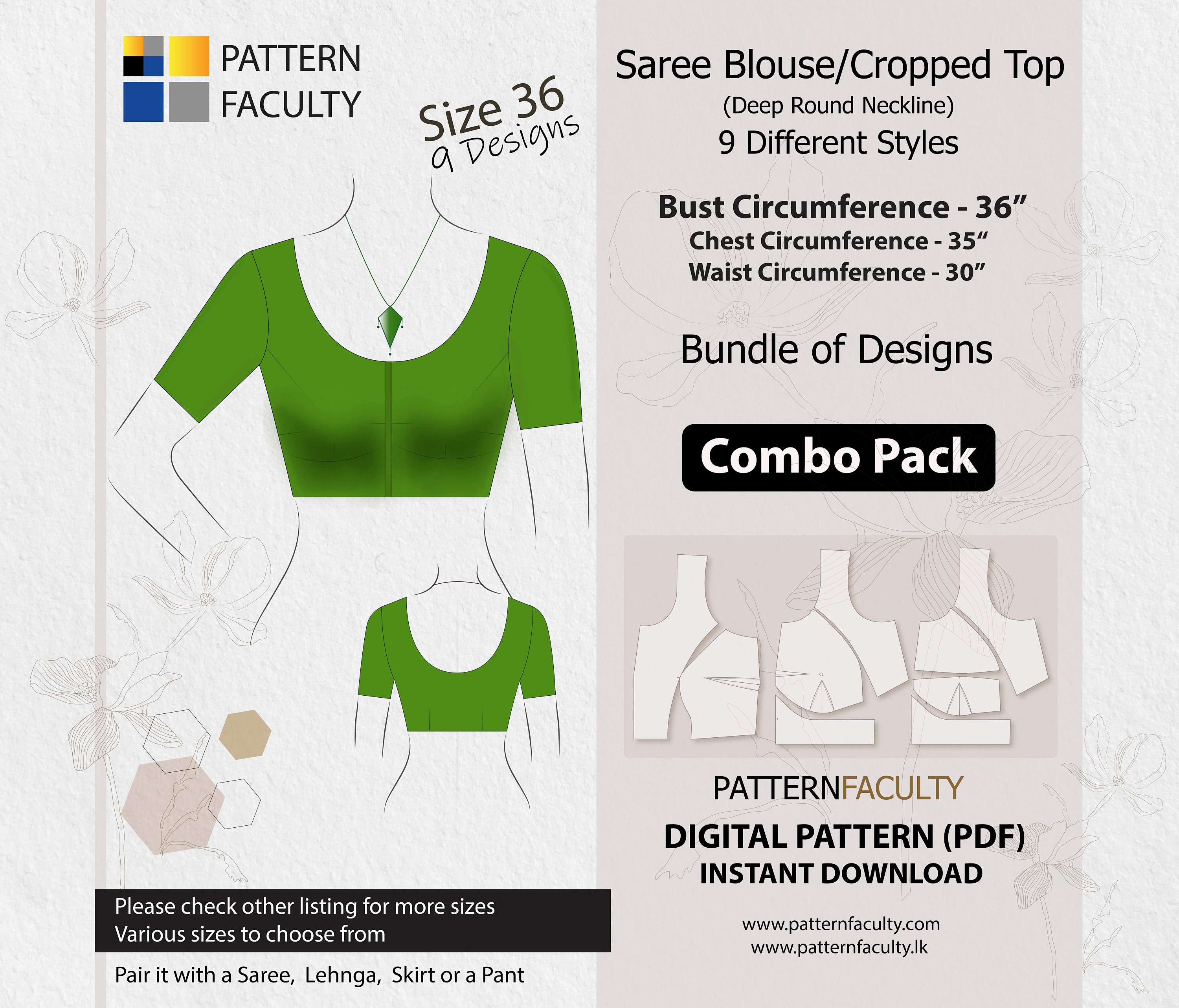 Saree Blouses Round Deep Neckline, PDF Patterns for Size 36 bust