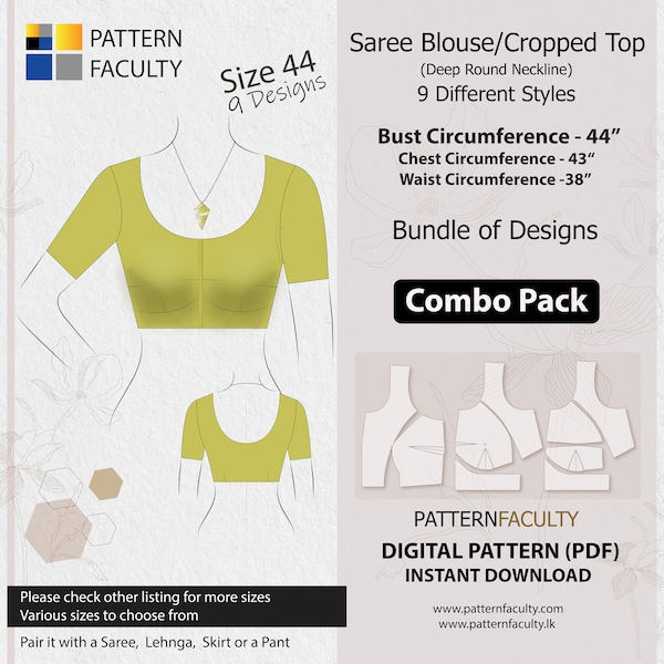 Saree Blouses – Round Deep Neckline, PDF Patterns for bust size 44, Digital PDF Patterns, 9 Designs, Best Fitted Saree Blouses, SariBlouse.