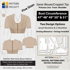 May include: A digital sewing pattern for a saree blouse or cropped top with a princess line. The pattern includes two design options: jewel neckline and U-neckline. The pattern is available in five sizes: 47", 48", 49", 50", and 51".