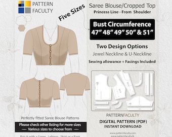 Saree Blouse High Neckline–Princess Line Shoulder–One Design with two options–Sizes Bust circumference 47,48, 49,50 and 51–DIGITAL PATTERN.