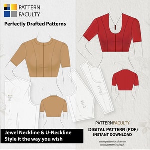 May include: A digital pattern for a jewel neckline and U-neckline blouse. The pattern is available for instant download. The image shows a brown blouse with a jewel neckline and a red blouse with a U-neckline.