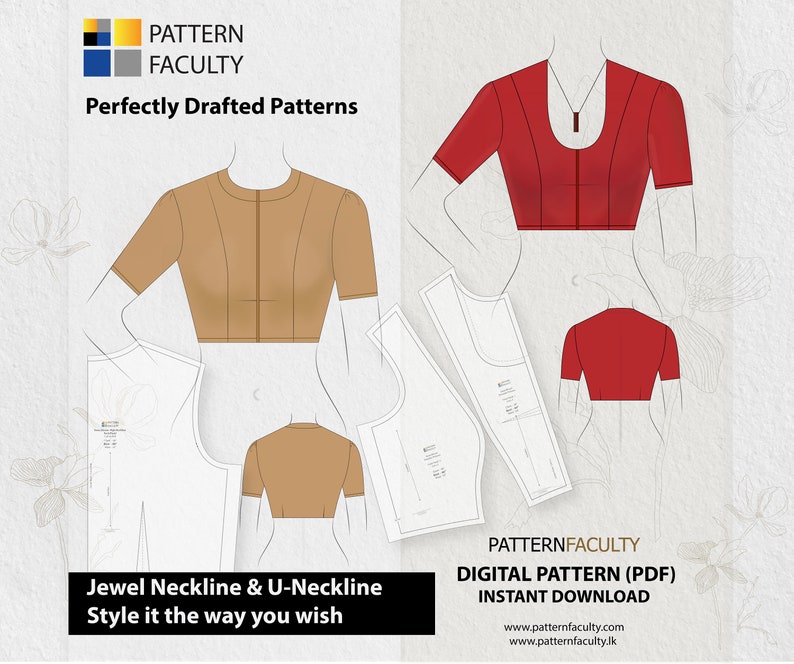 May include: A digital pattern for a jewel neckline and U-neckline blouse. The pattern is available for instant download. The image shows a brown blouse with a jewel neckline and a red blouse with a U-neckline.