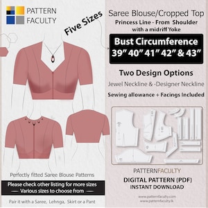 Saree Blouse High Neckline – Princess Line from Shoulder with Yoke – One Design with two options – Five Sizes 39-43 – DIGITAL PATTERN.
