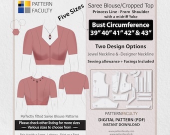 Saree Blouse High Neckline – Princess Line from Shoulder with Yoke – One Design with two options – Five Sizes 39-43 – DIGITAL PATTERN.