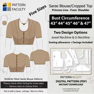 Saree Blouse High Neckline–Princess Line Shoulder–One Design with two options–Sizes Bust circumference 43,44, 45,46 and 47–DIGITAL PATTERN.