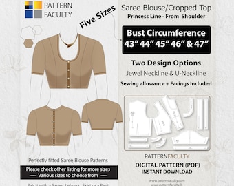Saree Blouse High Neckline–Princess Line Shoulder–One Design with two options–Sizes Bust circumference 43,44, 45,46 and 47–DIGITAL PATTERN.