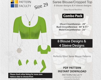 Saree Blouses - PDF, Crop Tops, Fitted Tops,  Deep Neckline,  Size 29, Digital PDF Patterns, 8 Blouse Designs + 4 Sleeve Designs.