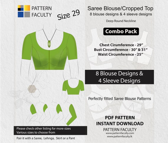 Saree Blouses - PDF, Crop Tops, Fitted Tops, Deep Neckline, Size