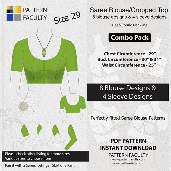 Saree Blouses - PDF, Crop Tops, Fitted Tops,  Deep Neckline,  Size 29, Digital PDF Patterns, 8 Blouse Designs + 4 Sleeve Designs.