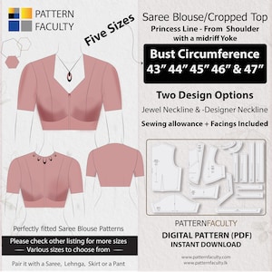 Saree Blouse High Neckline – Princess Line from Shoulder with Yoke – One Design with two options – Five Sizes 43 - 47 – DIGITAL PATTERN.