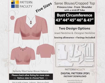 Saree Blouse High Neckline – Princess Line from Shoulder with Yoke – One Design with two options – Five Sizes 43 - 47 – DIGITAL PATTERN.