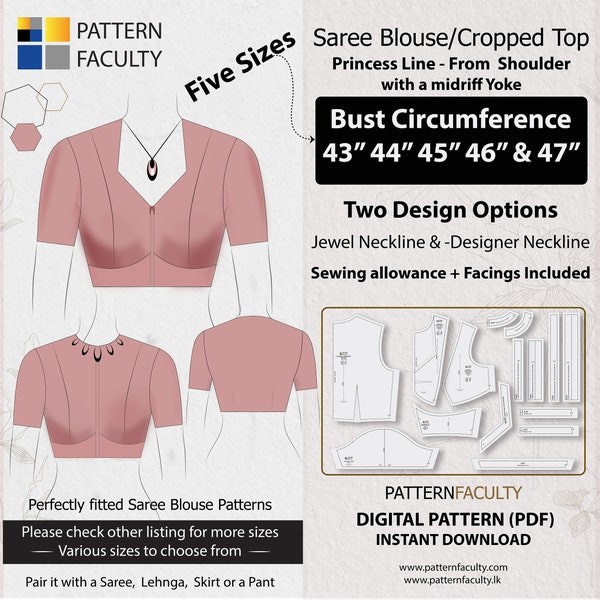 Saree Blouse High Neckline – Princess Line from Shoulder with Yoke – One Design with two options – Five Sizes 43 - 47 – DIGITAL PATTERN.