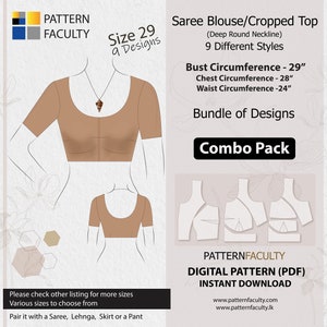 Saree Blouses – Round Deep Neckline, PDF Patterns (Bust Circumference 29”), Digital PDF Patterns, 9 Designs,Best Fitted blouses, fitted tops