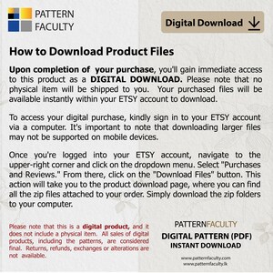 May include: A digital download instruction guide for Etsy buyers. The guide explains how to download digital products, such as patterns, after purchase. The text includes the words "Digital Download" and "Pattern Faculty".