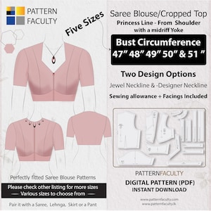 Saree Blouse High Neckline – Princess Line from Shoulder with Yoke – One Design with two options – Five Sizes 47 - 51 – DIGITAL PATTERN.