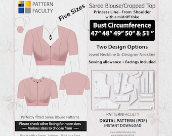 Saree Blouse High Neckline – Princess Line from Shoulder with Yoke – One Design with two options – Five Sizes 47 - 51 – DIGITAL PATTERN.